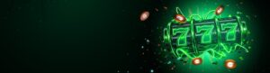 Glowing green slot reels with coins on LoneStar Casino reviews blog header
